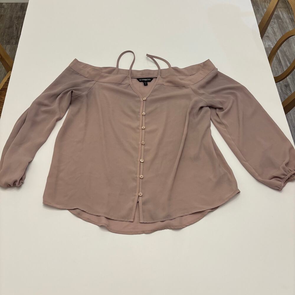 Express Womens M Mauve Off Shoulder Button Front Blouse Balloon Sleeve